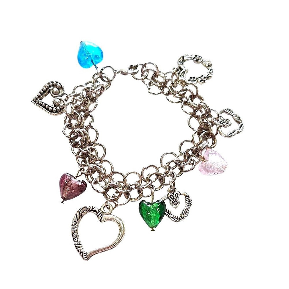 Vintage Silver Tone Heart Charm Bracelet Glass Beads Multi Color Boho 7.25 Inch